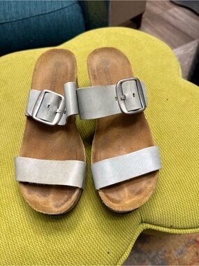 Eric Michael Light Blue Leather Two-Strap Buckle Slide Sandals
